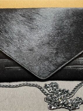 Black Haircalf Envelope Clutch with Silver Chain Vittoria Napoli of Italy